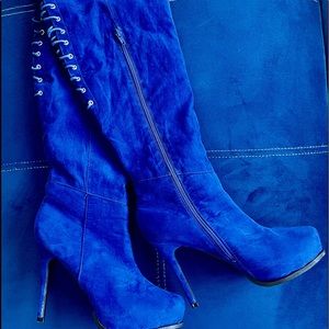 Royal Blue Faux Suede Thigh High Round Toe Boots with Stiletto Comfortable Heel.